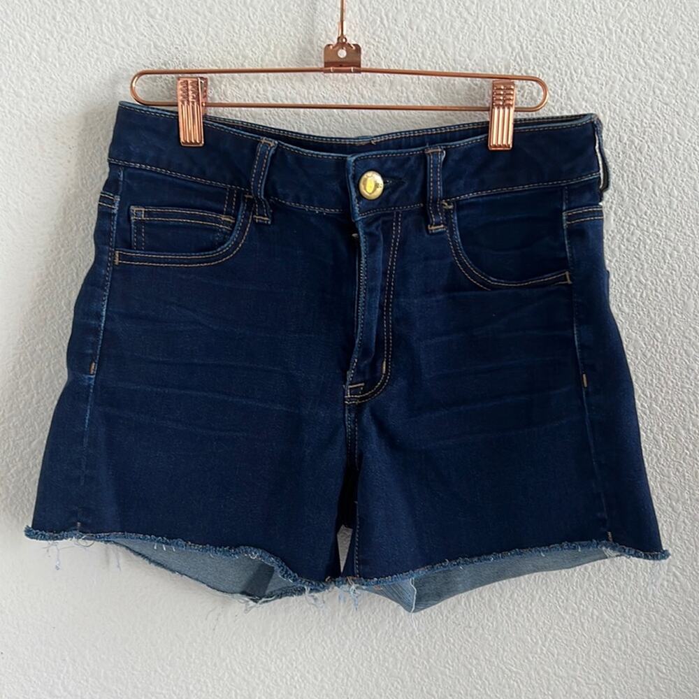 American Eagle Hi-Rise Shortie Dark Denim Shorts Stretch 8